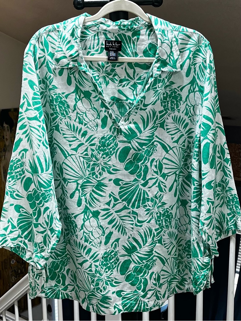Nicole Miller Green and White Tropical Print 100% Linen Top Size 2X